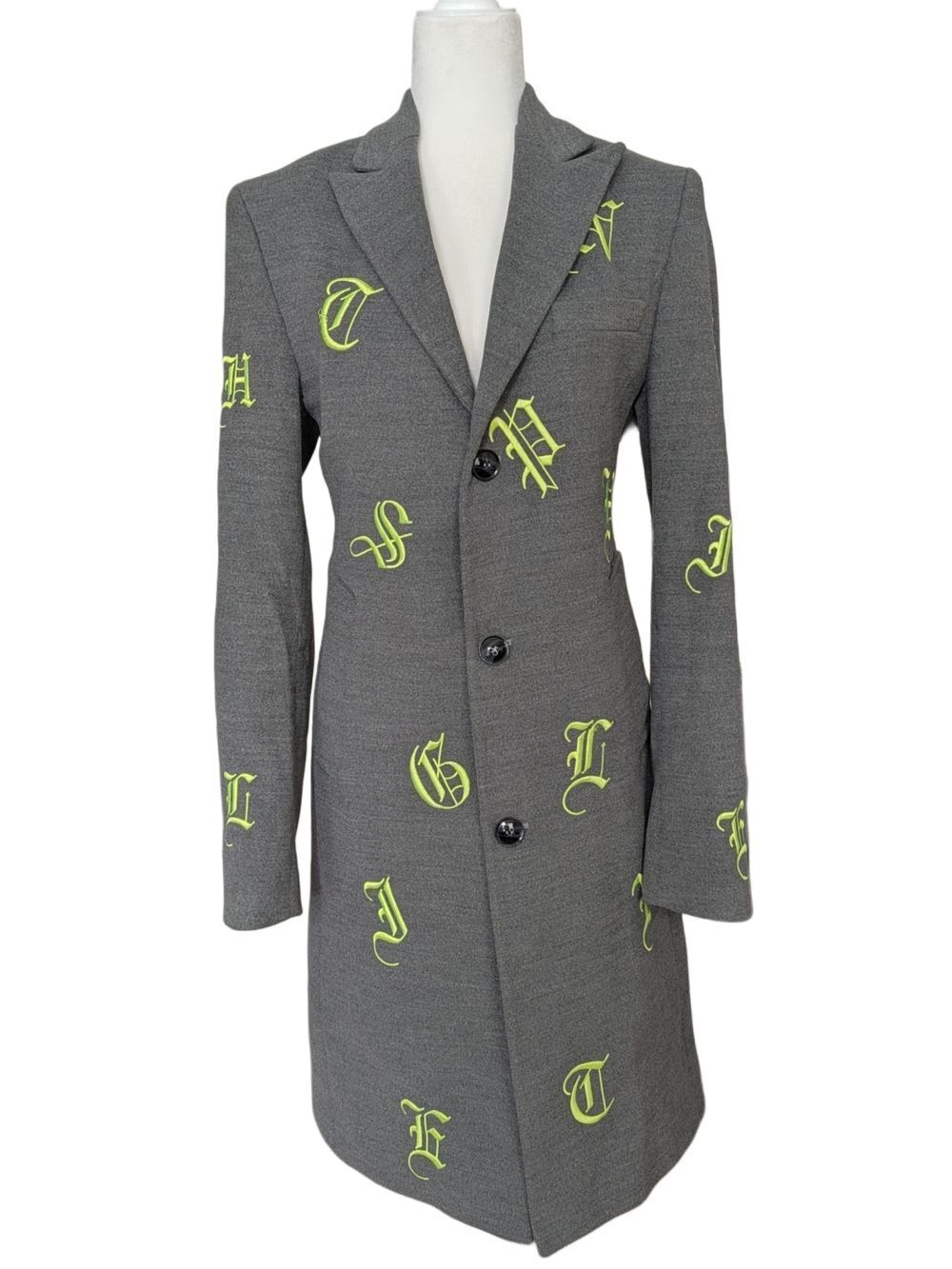 Plus Eighteen Womens Gray Green Gothic Lettering Cashmere Long Coat Size Large